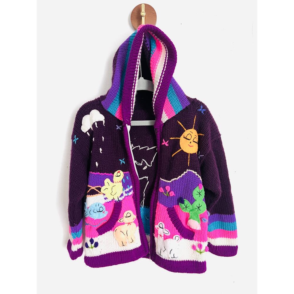Handmade Peru Alpaca Llama Bird Knit Sweater Hoodie 2T 3T Purple Bright Colors